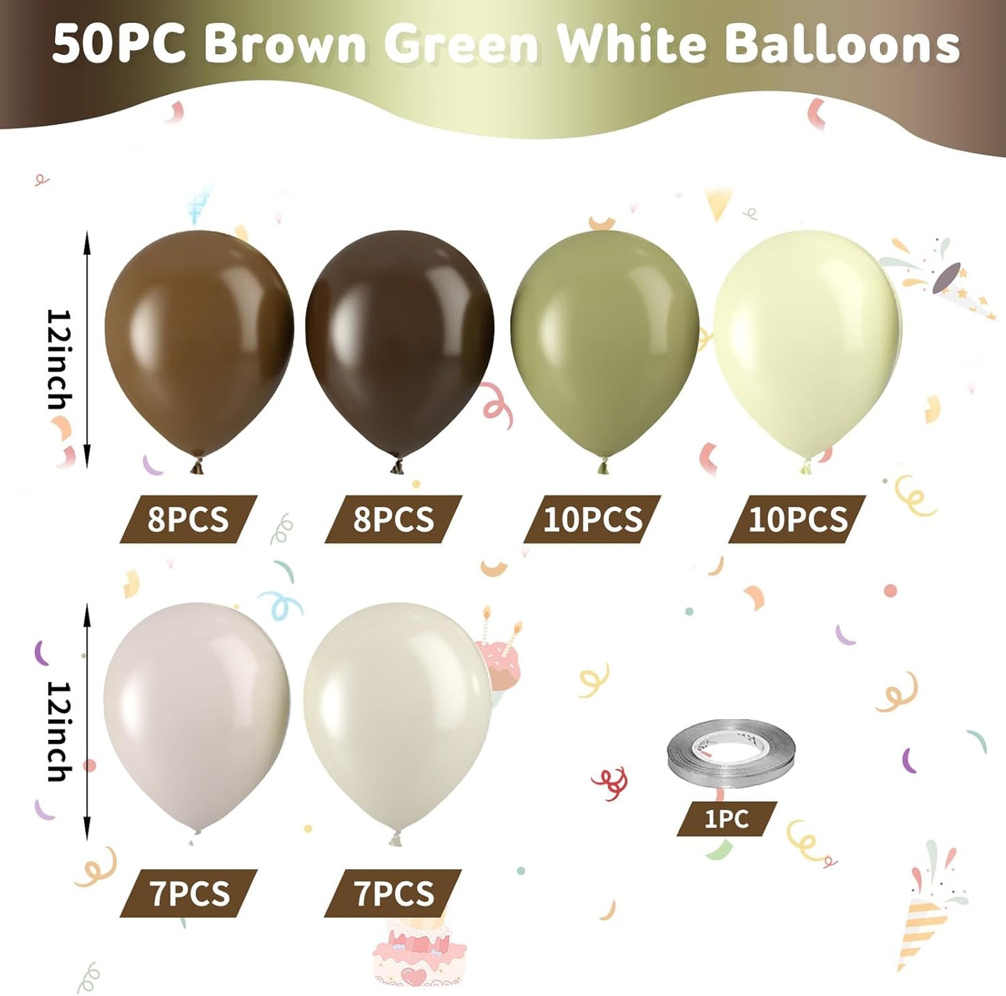 Sage Green and Brown Balloons, 50pcs Green Brown White Balloons, Coffee Beige Ivory Sand White Yellow Balloon for Birthday Baby Shower Forest Safari Jungle Theme Party Wedding Decoration Supplies
