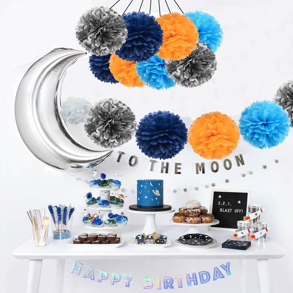 Silver Blue Orange and Navy Blue Tissue Paper Pom Poms Flower for Birthday Graduation Retirement Theme Party Decoration, 16pc