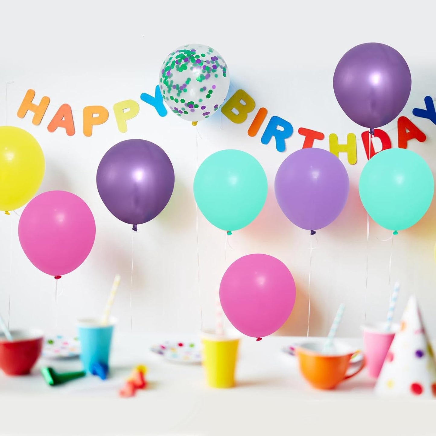 Patimate Birthday Balloons Set, 50 pcs 12 inch Hot Pink Metallic Purple Yellow Teal Confetti Latex Balloons Kit for Kid's Birthday Baby Shower Magic Theme Party Decorations