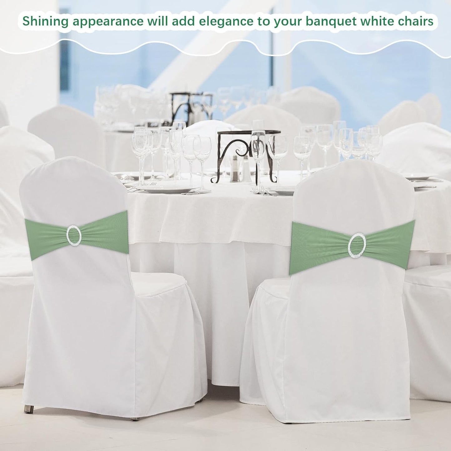 CHENGU 150 Pieces Spandex Stretch Chair Sashes Bows Elastic Chair Cover Bands Ties with Buckle Slider for Wedding Party Reception Events Universal Ceremony Banquet Decorations(Sage Green)