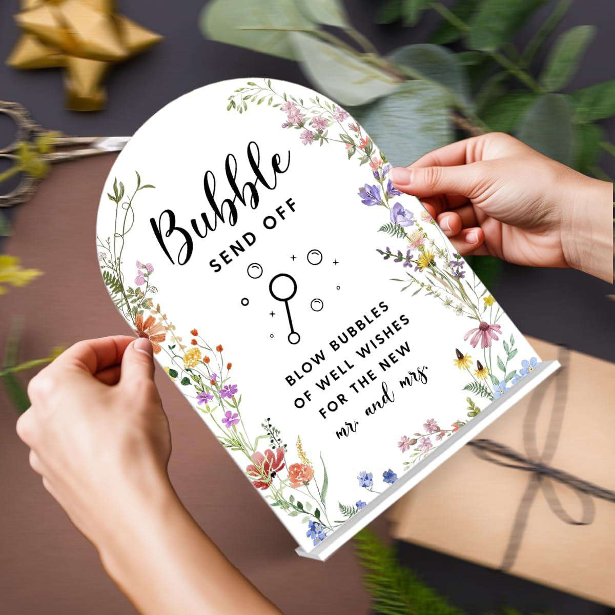 Acrylic Wedding Signs, Bubble Send Off Signs for Marriage Reception, Bridal Shower Decorations, Modern Arched Round Top Acrylic Table Top Sign with Holder for Wedding Party Dinner (White Wildflowers)