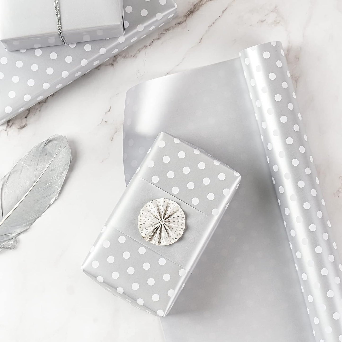 WRAPAHOLIC Reversible Wrapping Paper - Mini Roll - 17 Inch X 33 Feet - Silver Print and Polka Dot Design for Birthday, Holiday, Wedding, Baby Shower