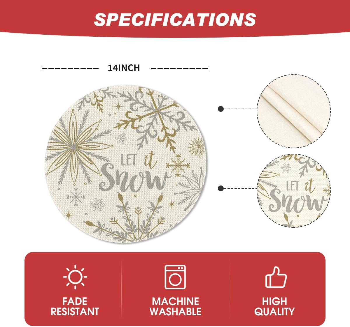 Artoid Mode Beige Snowflake Let It Snow Winter Placemats Set of 4, 15 Inch Seasonal Christmas Xmas Round Table Mats for Dining Decoration