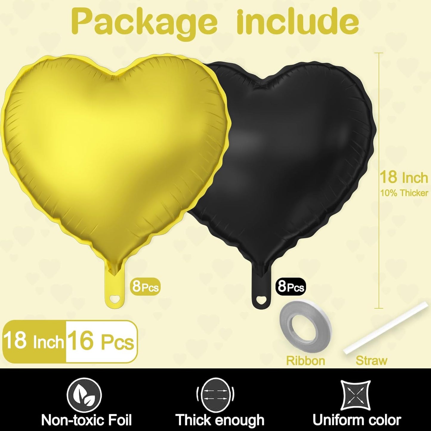 16 Pcs Heart Balloons, 18 Inch Black Gold Love Heart Shaped Foil Balloons for Wedding Anniversary Birthday Party Valentine Decorations Baby Shower Bridal Shower Engagement Decorations Supplies