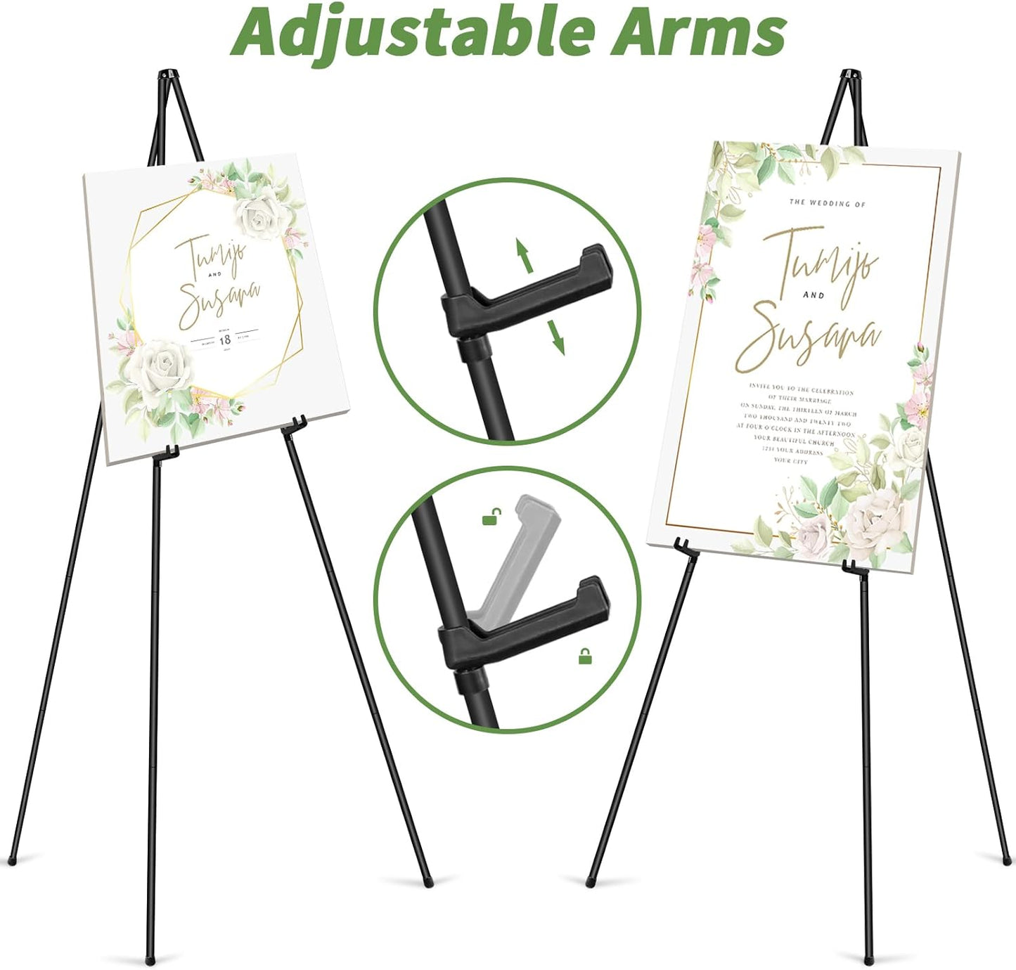 PUJIANG 2 Pack Easel Stand - 63" Folding Easels for Signs - Floor Easels for Display Pictures Wedding Sign, Art Easel for Painting,Welcome Sign Stand Tall Display Black Metal Easel with Bag