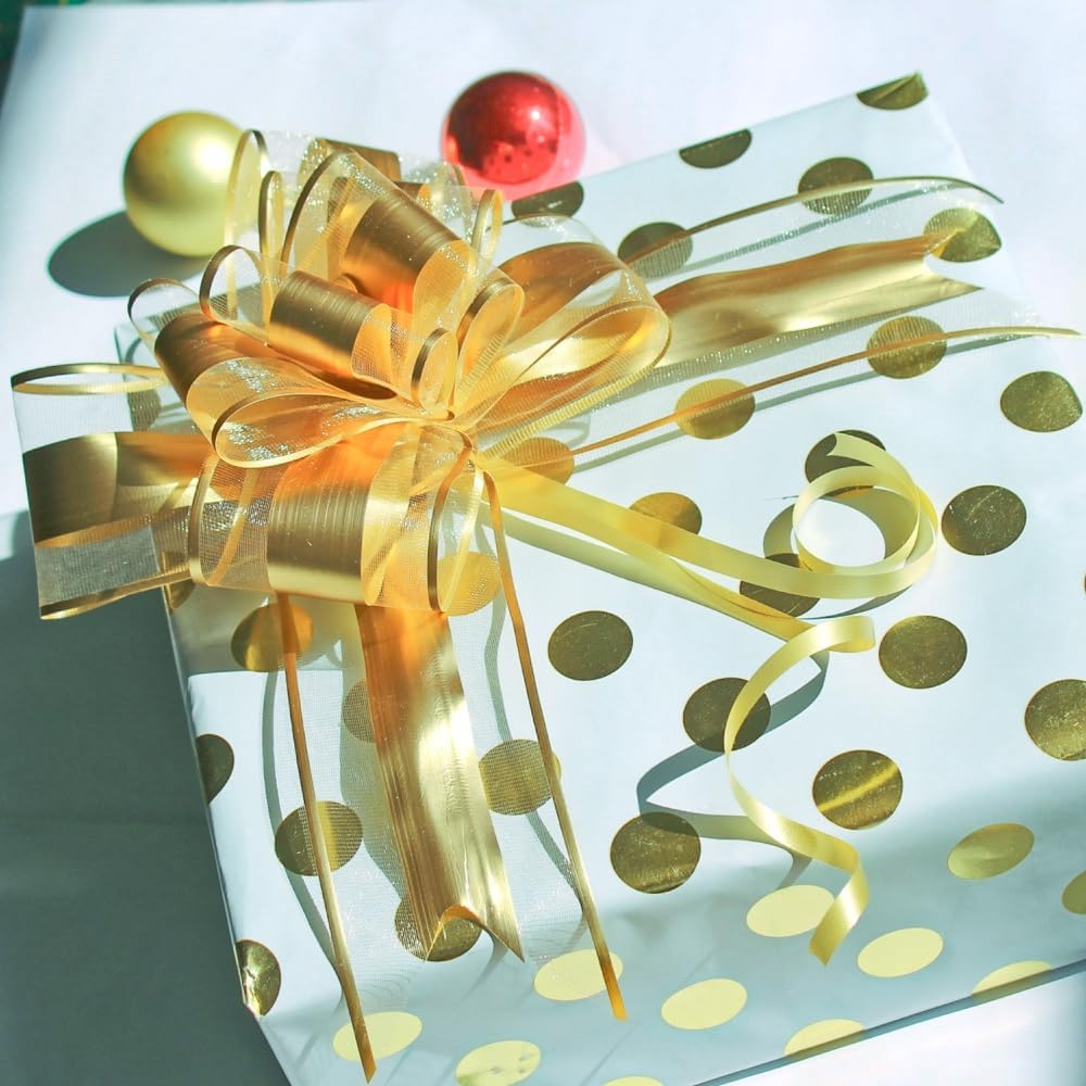 Gold Bows for Gifts, Large Pull Bow for Gift Wrapping, Christmas, New Year, Birthday, Weddings, Baby Showers, Graduations, Valentine's Day(8 inches, 10 PCS)