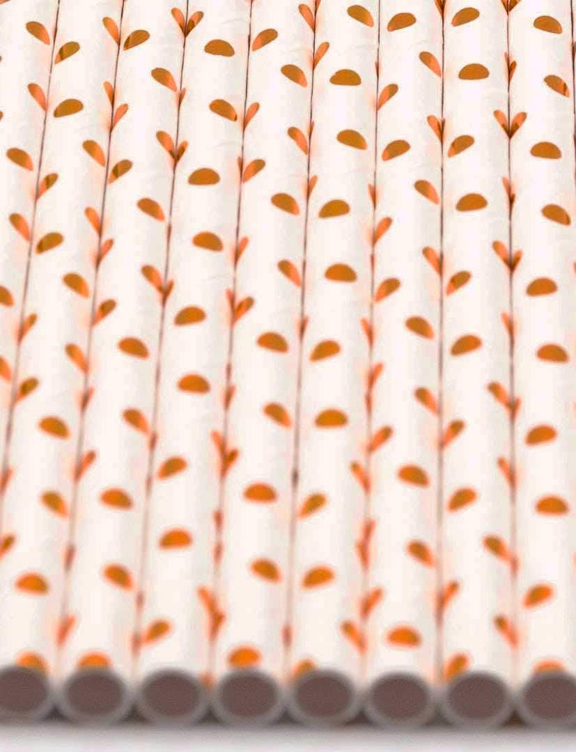 Pack of 150 Rose Gold Polka Dot Foil Biodegradable 4-Ply Paper Drinking Straws (Compostable, Non-toxic, BPA-free)
