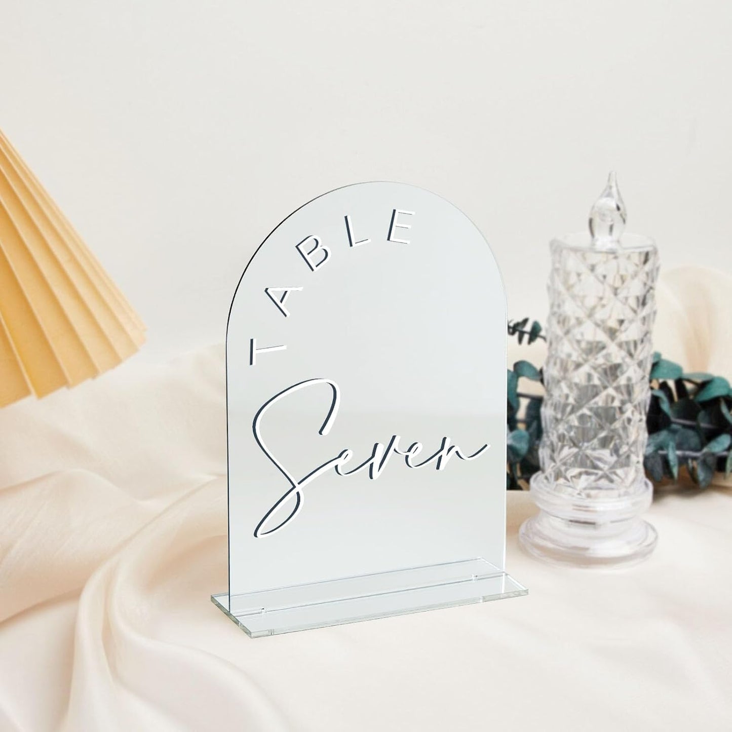 JINMURY Sliver Arch Wedding Table Numbers 1-15 with Stands, 5x7 Inch Acrylic Arch Sign with White Lettering, Sliver Mirror Acrylic Table Numbers for Wedding Reception