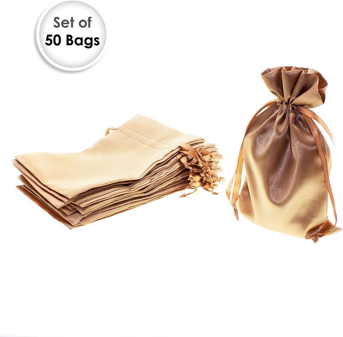 Old Gold Satin Gift Bags, Wedding & Baby Shower Favor Bags, 50 Pack of 5" x 8" Bags