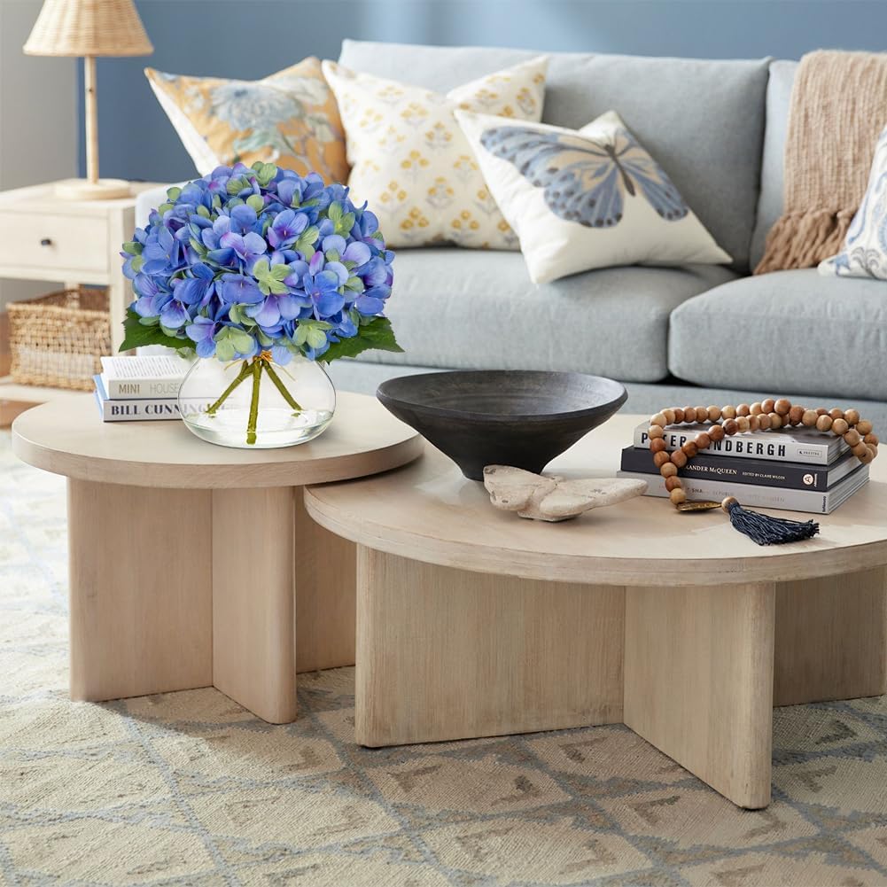 Hollyone Hydrangea Artificial Flowers with Glass Vase Blue-Green Silk Faux Flowers Arrangements in Vase with Faux Water Fake Floral Bulk Bouquet for Home Decor Table Centerpiece Decorations