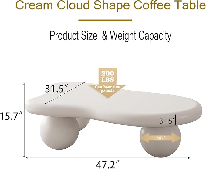 47.2” Cloud Coffee Table with 3 Ball Legs, Modern Irregular Center Table - Image 8