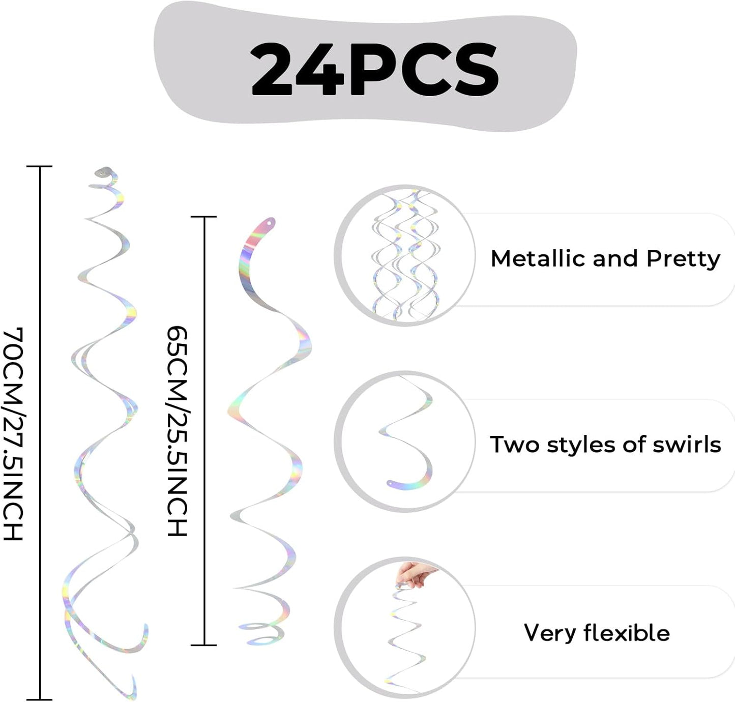 24 PCS Iridescent Hanging Swirl, Shinny Holographic Ceiling Decorations, Plastic Streamer Party Decorations with Double-Swirls and Single-Swirls for Birthday Decorations, Wedding, Baby Shower