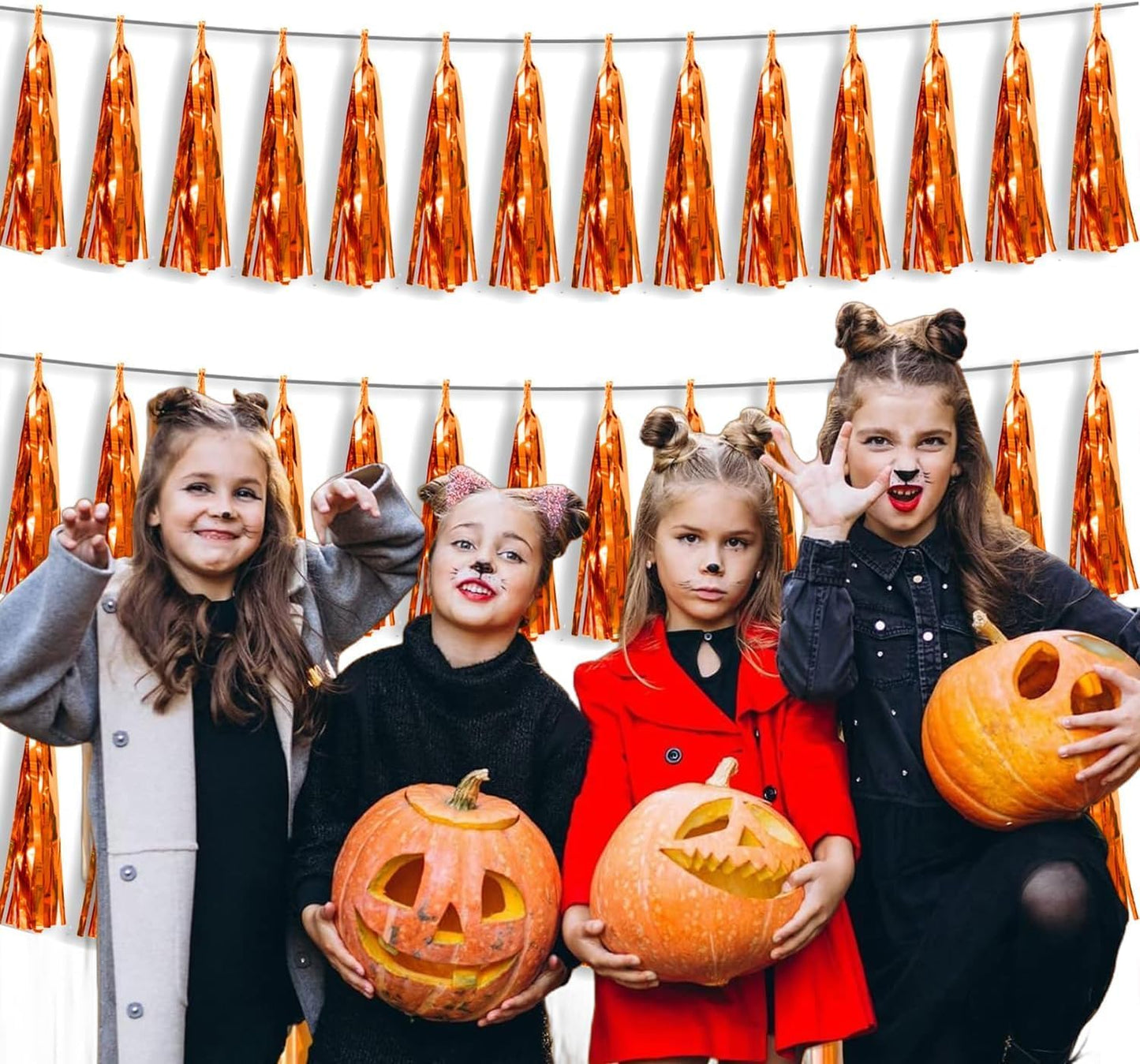 3P Metallic Fringe Tassel Banner Garland Foil Tinsel Streamer Wall Hanging Curtain Backdrop Banner for Parade Floats, Halloween Decorations, Christmas Day, Fall, Thanksgiving Party Decoration(Orange)