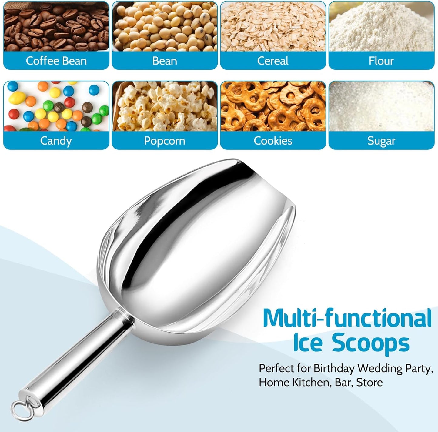 P&P CHEF Canister Scoop Set of 3, Ice Candy Scoop, Stainless Steel Multipurpose Food Scooper for Buffet Jar Freezer, Mirror Finish & Dishwasher Safe, Silver, 3+6+8 Oz