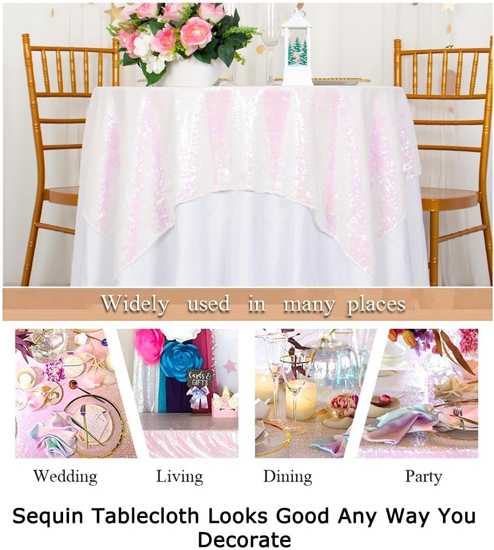 ShinyBeauty Sequin Tablecloth - Square 54x54-Inch Iridescent White Table Cloths for Round Table - Glitter Tablecloth Linen for Party