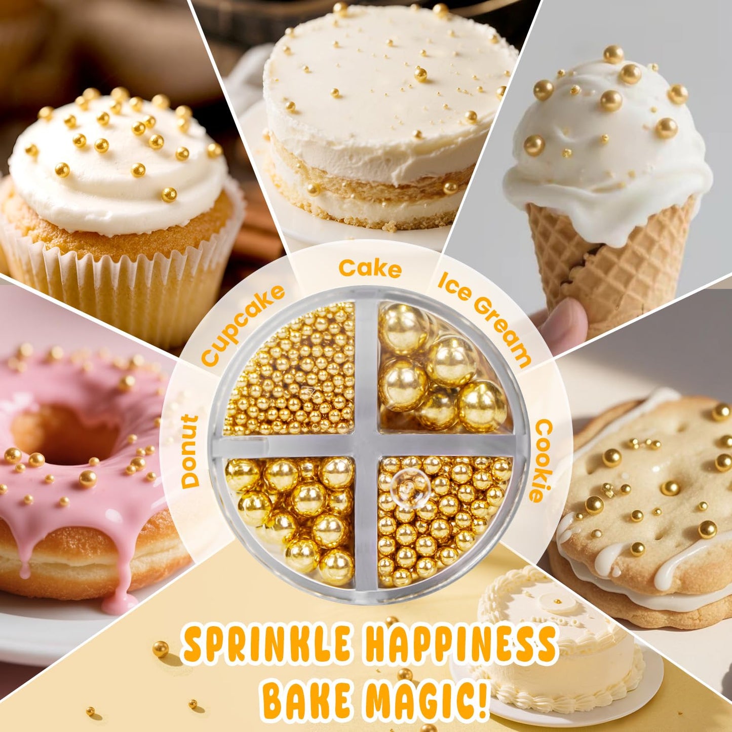 Gold Edible Sugar Pearl Sprinkles for Cake Decorating, Candy Pearls Sprinkles for Cupcake, Cookie, Baking Cake Decorations, 4 sizes, 160g/5.64oz, Holiday, Wedding Party, Christmas Supplies