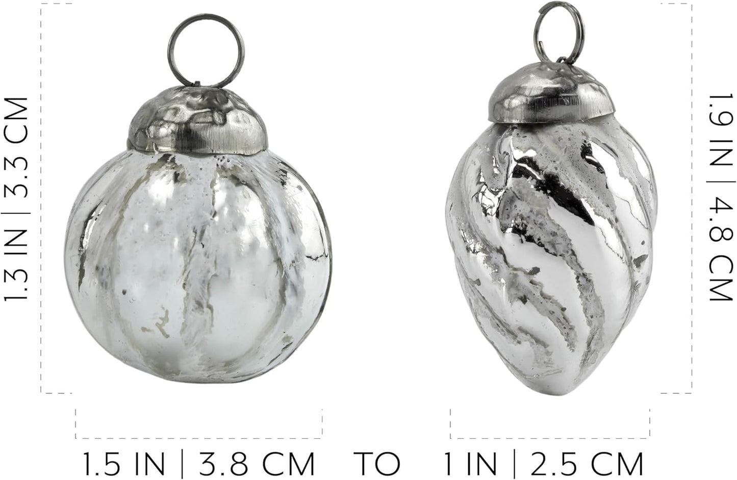 AuldHome Mercury Glass Finial Ornaments (Set of 12, Silver White, Small); Distressed Metal Antique Style Christmas Tree Decorations; 1.3 to 2-Inch Size