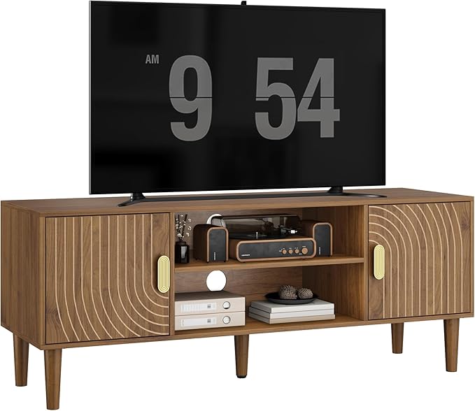 Smuxee Walnut TV Stand with Line Groove Design, 47.2" Mid Century Modern TV - Image 9