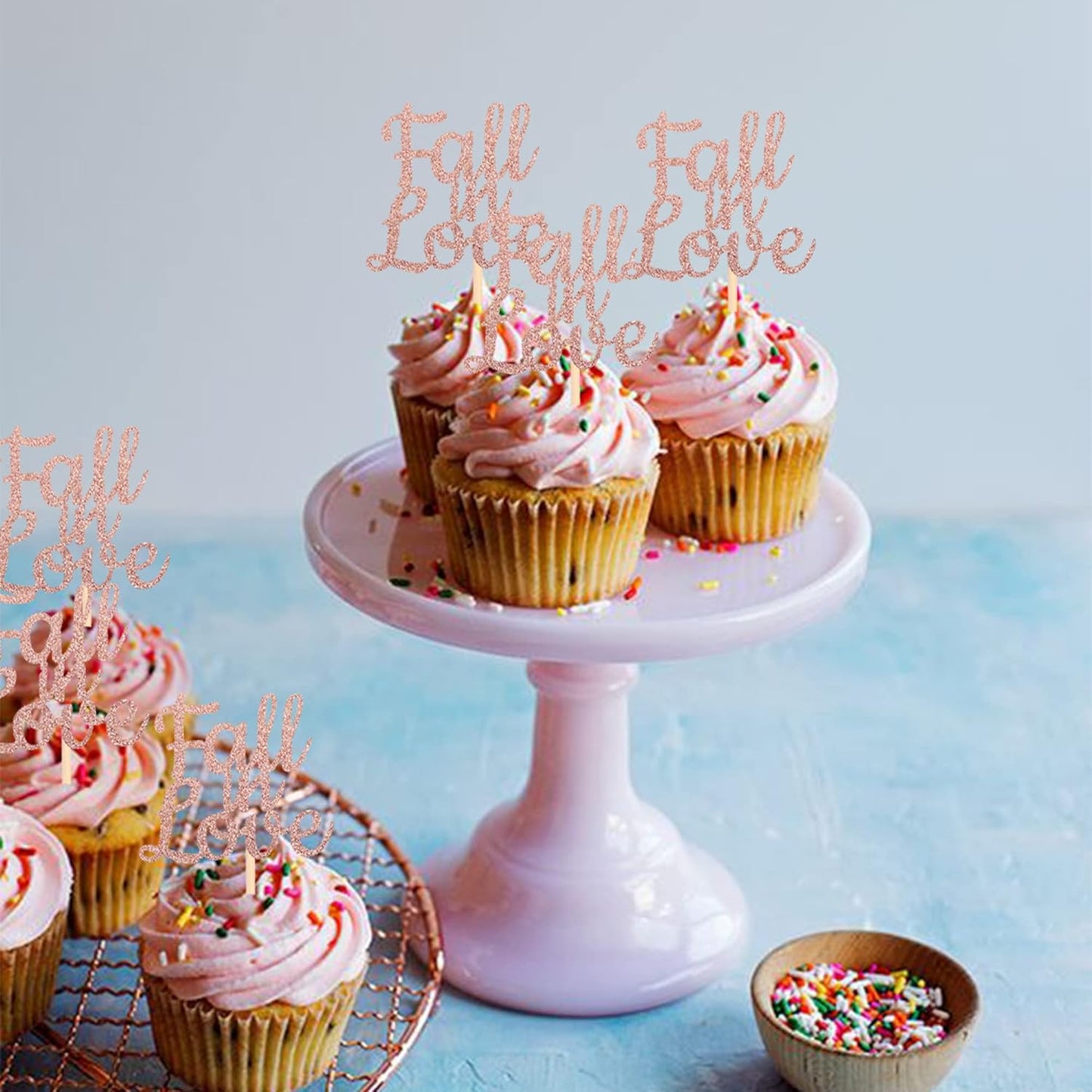 24 PCS Fall in Love Cupcake Toppers Glitter Bridal Shower Cake Picks Decorations for Wedding Engagement Anniversary Birthday Party Supplies Rose Gold