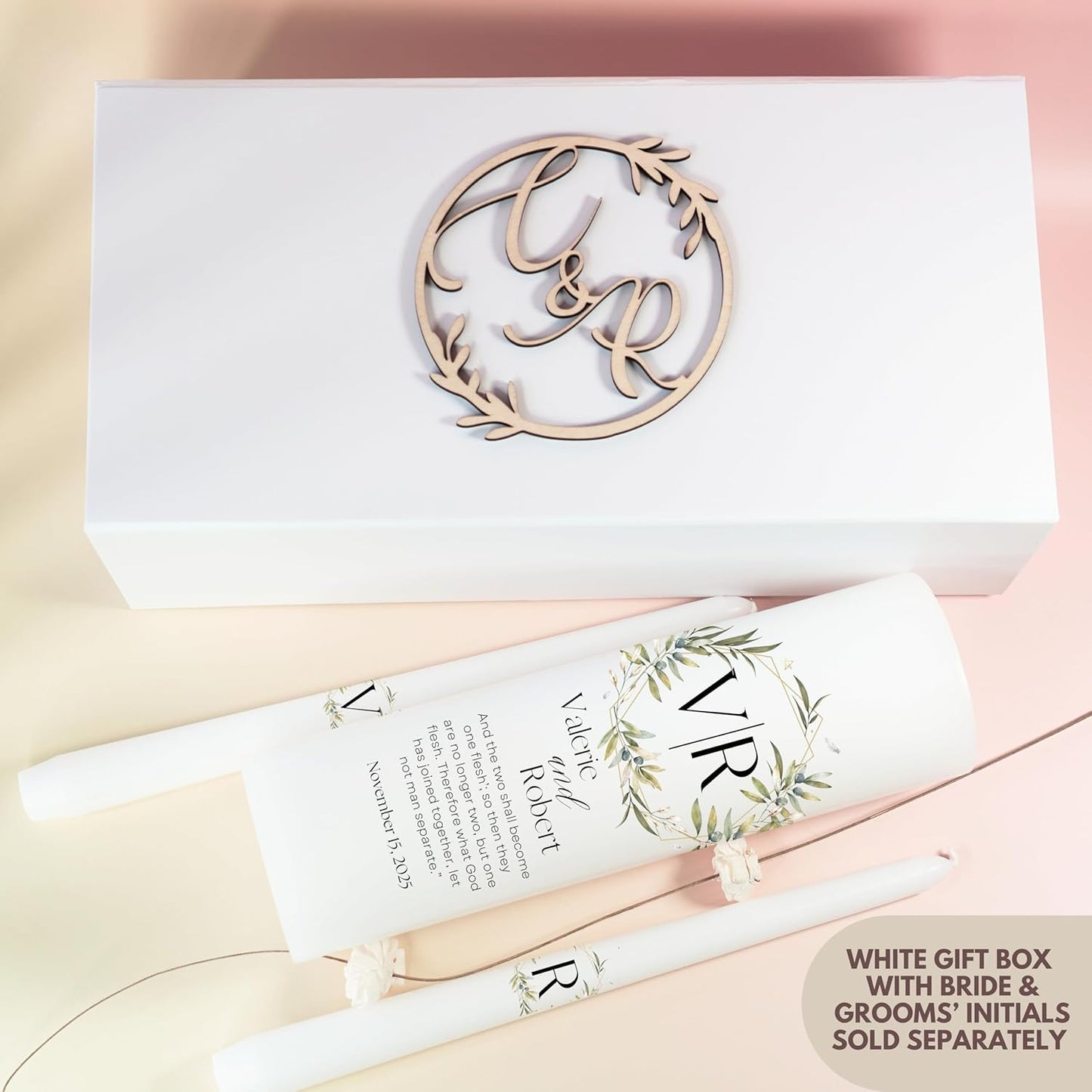 Unity Candles for Wedding, Modern Unity Set, Custom and Personalized Pillar and Taper Candles with Bible Quote, Unscented White Premium Wax, Religious and Wedding Ceremony, Special Events (Garden)