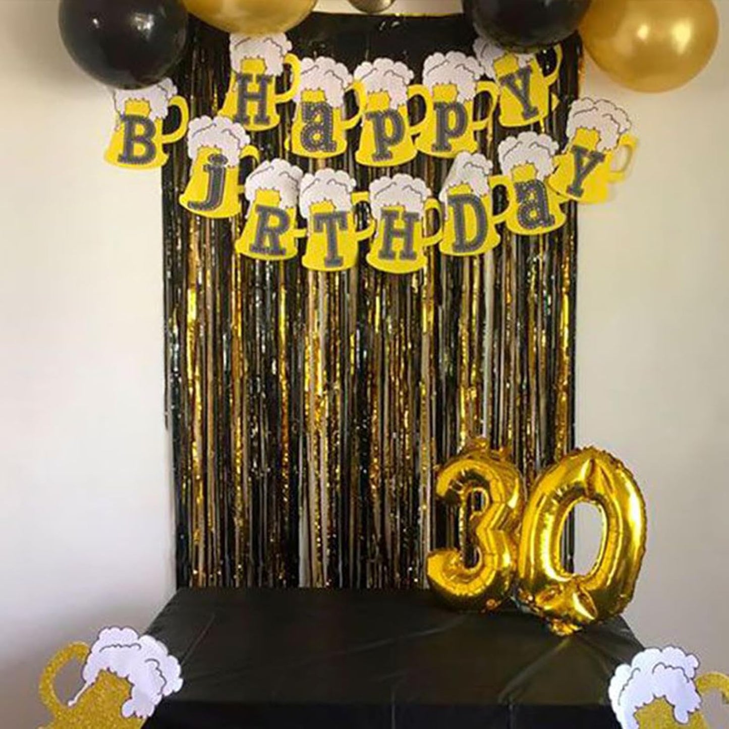 CANREVEL 2 Pack 3.3x8.2 Feet Black and Gold Foil Fringe Backdrop Curtains, Tinsel Streamers Birthday Party Decorations, Fringe Backdrop for Graduation, Baby Shower, Happy New Year, Disco Party