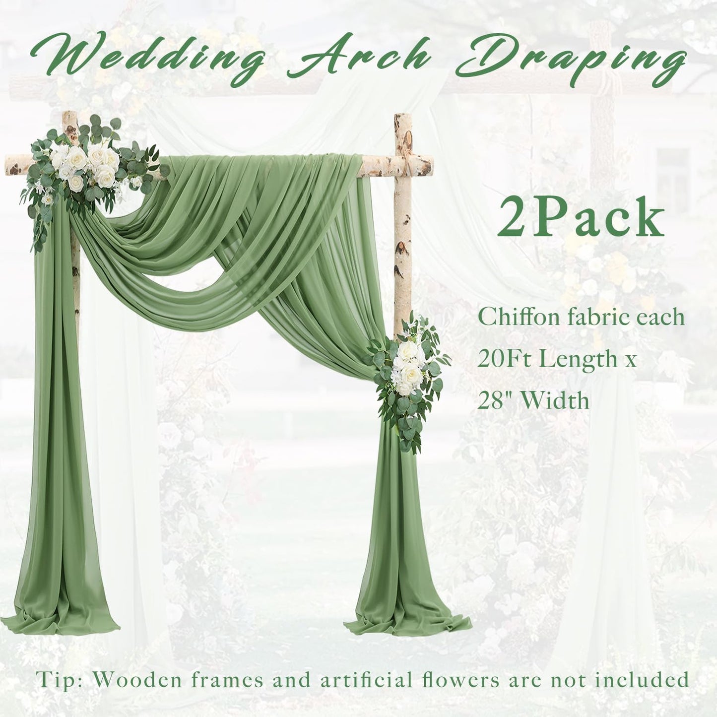 Wedding Arch Draping Fabric 2 Panels 20Ft length x 28" width Sage Green Arch Drapes Chiffon Fabric Sheer Curtains Backdrop for Party Bridal Decorations Wedding Ceremony Ceiling Stage Reception Decor