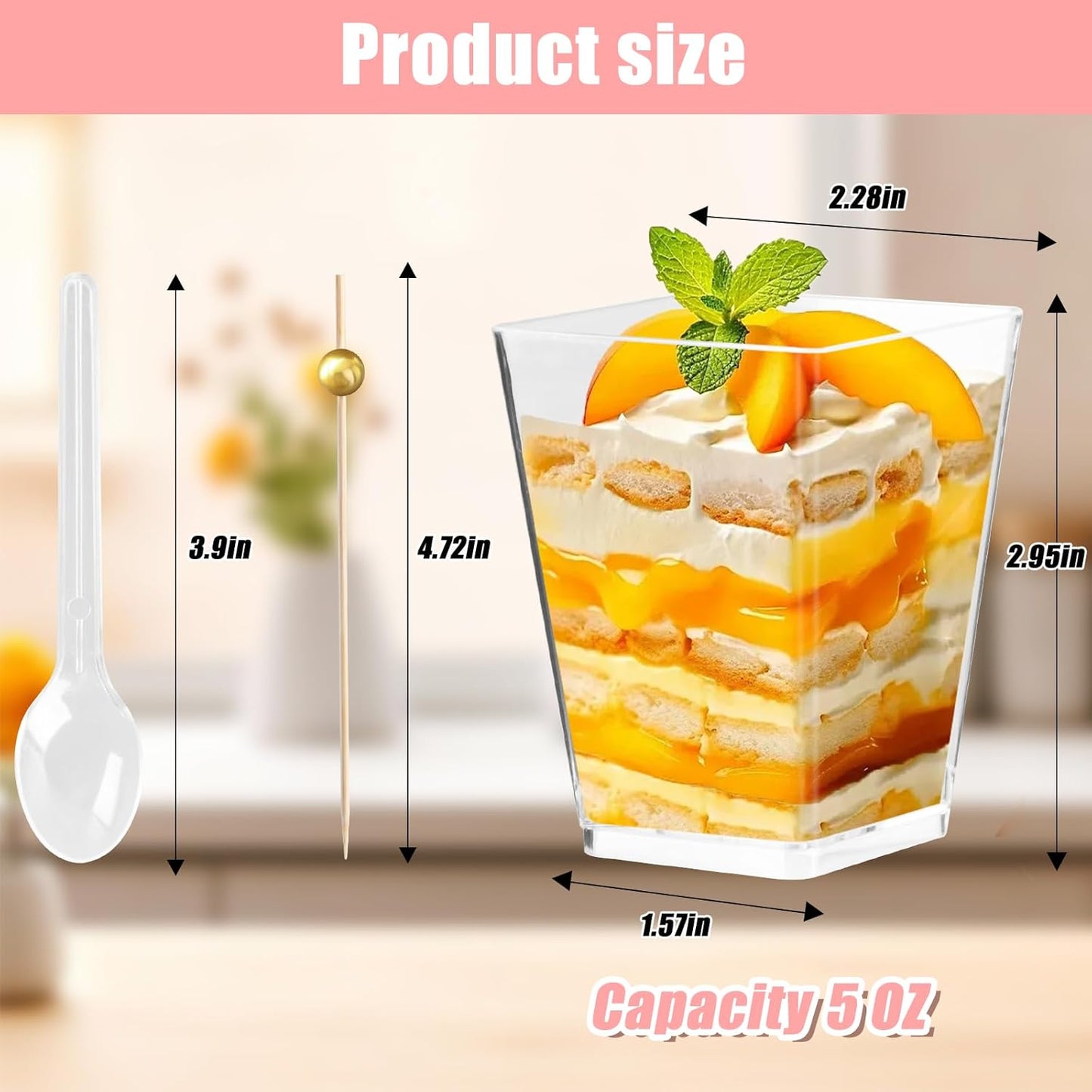 Kosotody 150 Pcs 5 OZ Dessert Cups with Spoons Cocktail Picks, Square Appetizer Cups Clear Mini Mini Party Serving Cups for Party Appetizers Pudding Yogurt Ice Cream Fruit