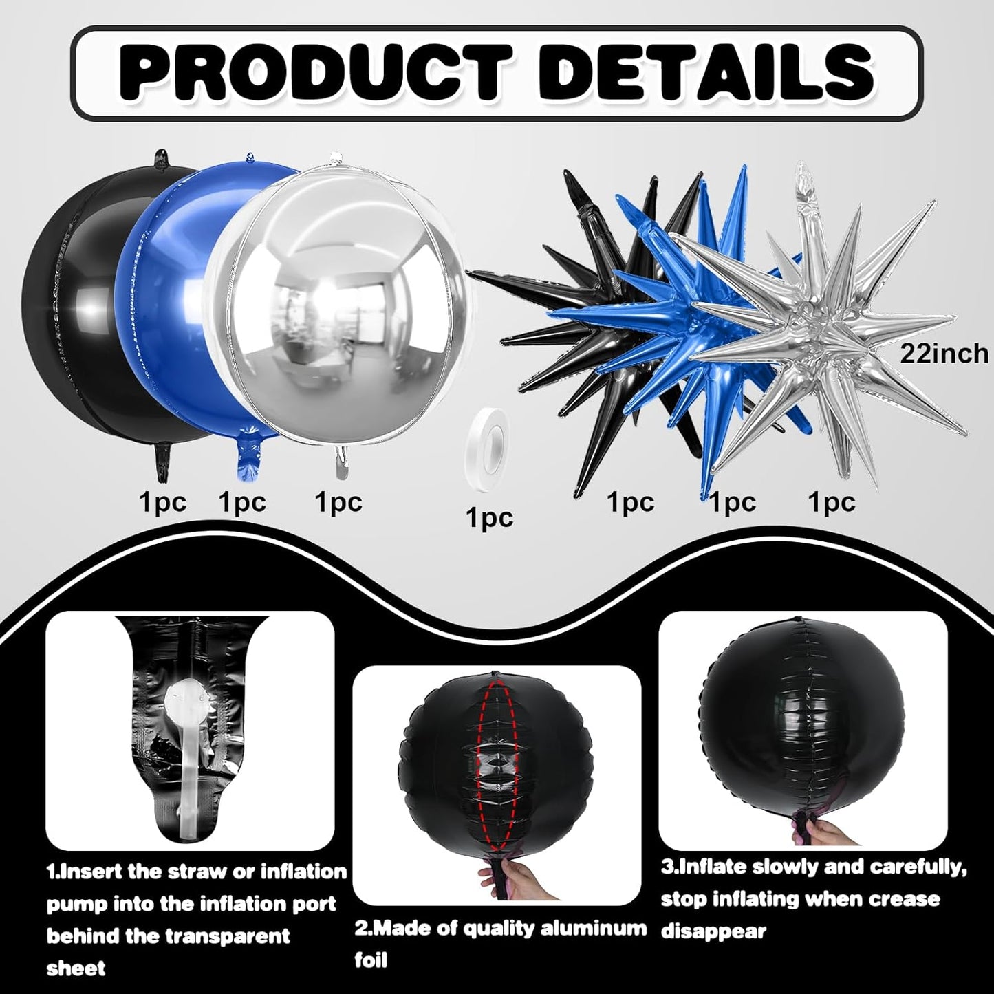 6Pcs Black Blue Silver Foil Balloons,22Inch Black Blue 4D Round Ball Balloon and Explosion Star Balloon for Birthday Wedding Baby Shower Prom Party Anniversary Decorations