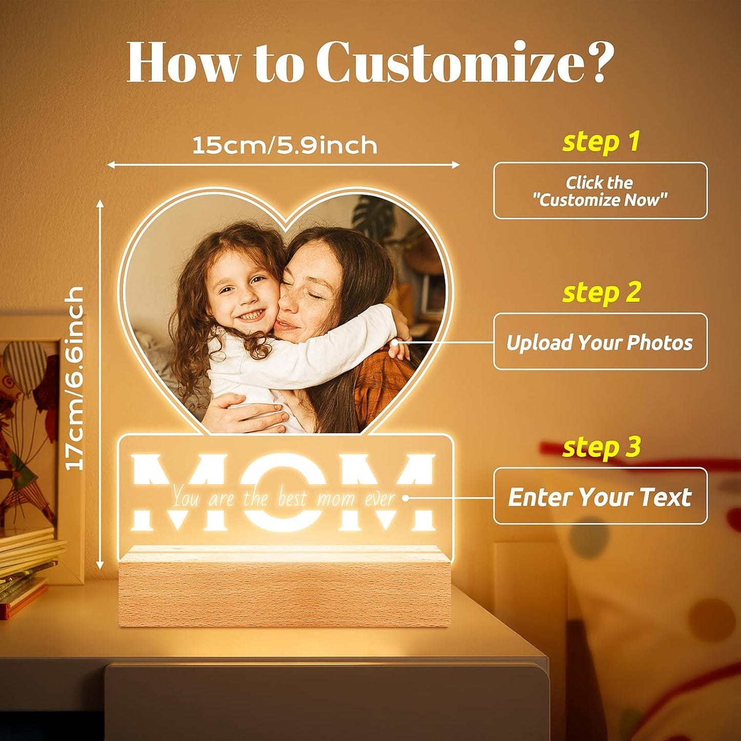 Personalized Birthday Gifts for Mom from Daughter and Son, Custom Heart Picture Frames with Photo, Personalized Photo Frame with Night Light, Customized Mom Gifts for Baby Kids Family