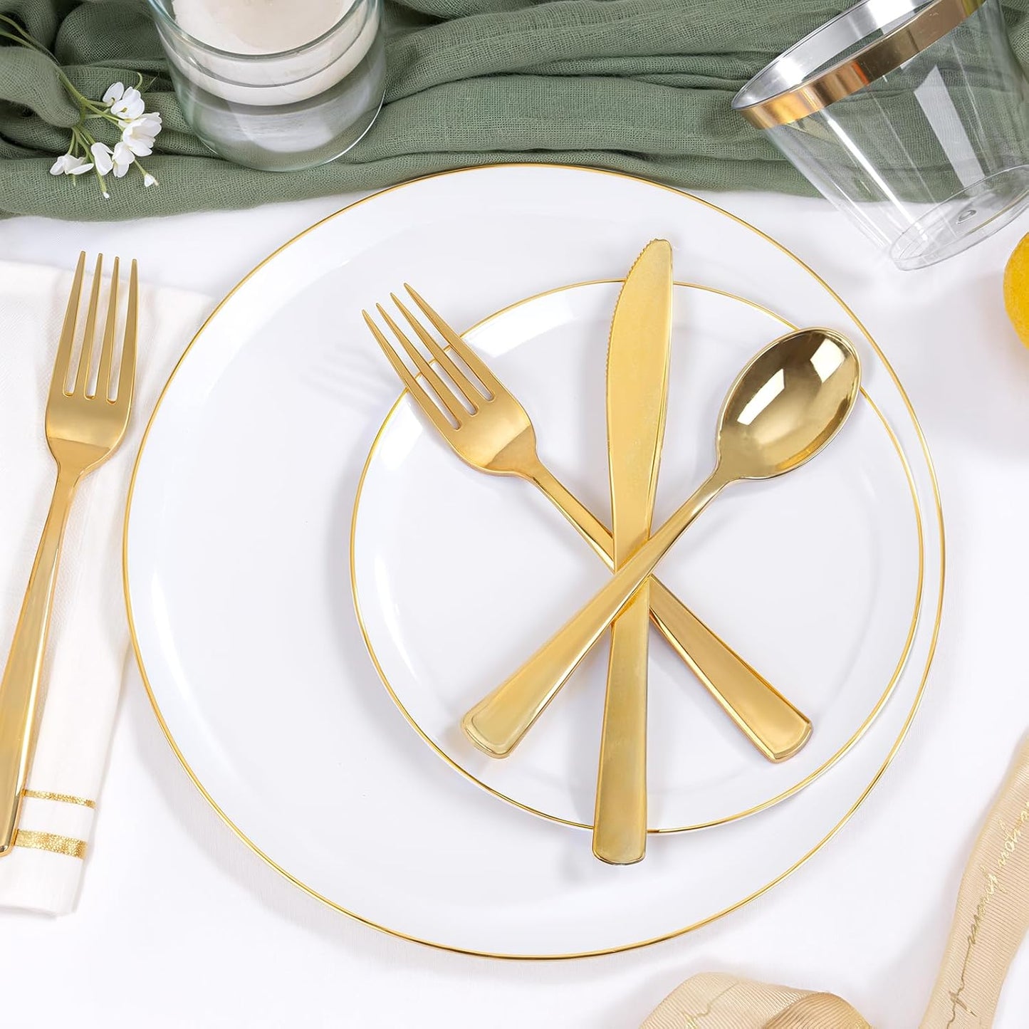 Festiva 350Pcs Gold Plastic Plates - White and Gold Dinnerware Set Disposable include 10" & 7" Plates,Cups,Silverware,Napkins -serve 50 Guests Perfect for Wedding& Birthday &Summer Party