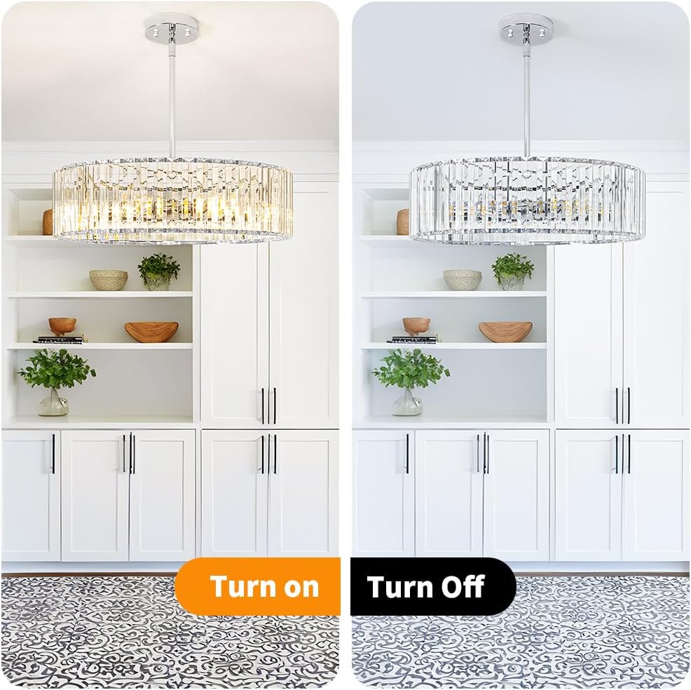 Modern Crystal Chandelier for Dining Room, 6 Light Chrome Semi Flush Mount Ceiling Light Fixtures, 19in Hallway Fixture, Round Kitchen Hanging Drum Pendant Lights Ceiling for Living Room Bedroom Foyer