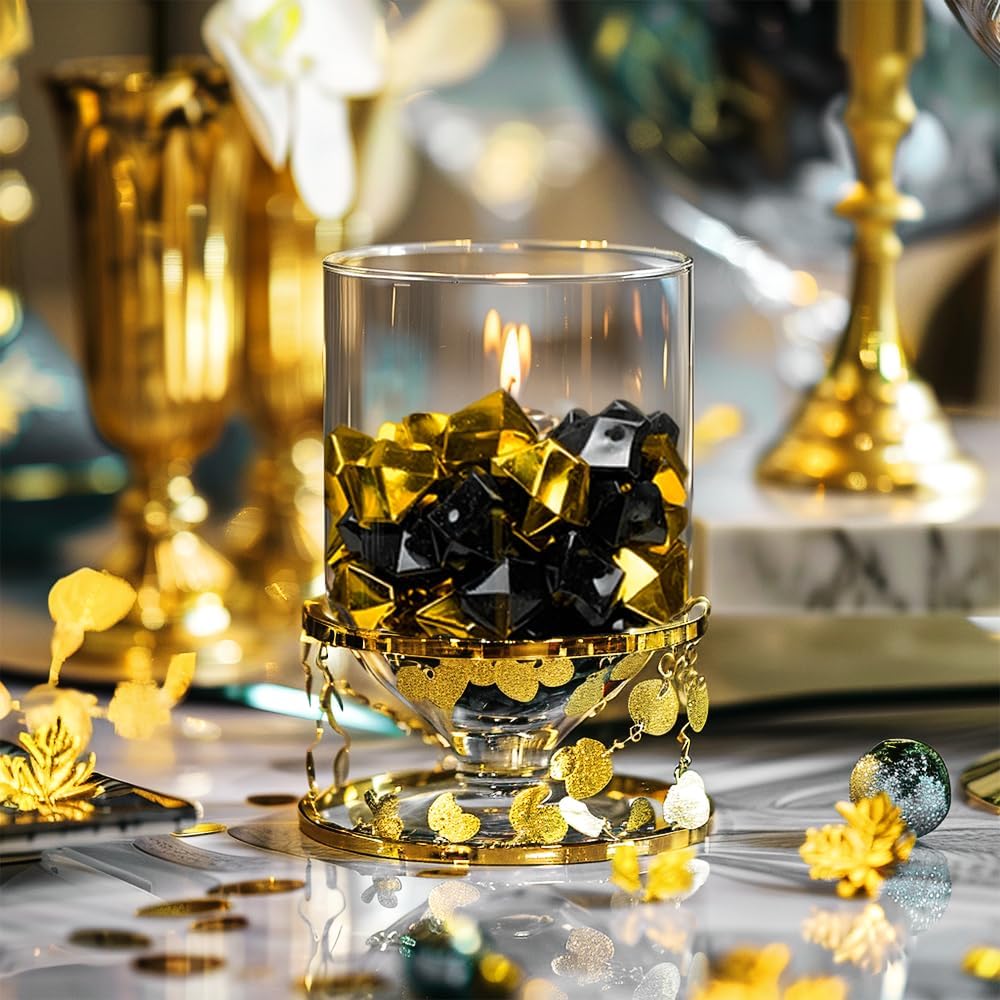 HappyFiller Fall Halloween Decoration Fake Ice Rocks Acrylic Nuggets Gems Stones Pirate Jewels for Wedding Centerpieces Vase Fillers,Graduation Party Table Scatters,Home Accents,Gold Black,14 OZ
