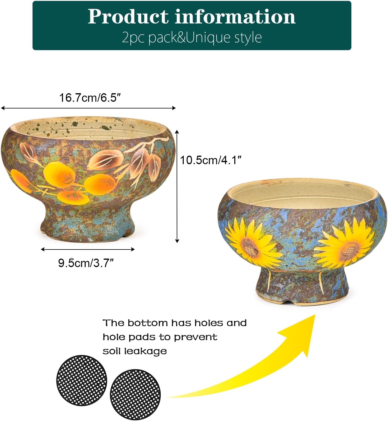 Sungmor Small Succulent Planters Set of 2, Beautiful Hand Crafted Ceramic Plant Pots Cute Cactus Pot, 6.5 Inch Flower Pots for Indoor Plants with Drainage, Desktop Windowsill Home Office Decor Pots