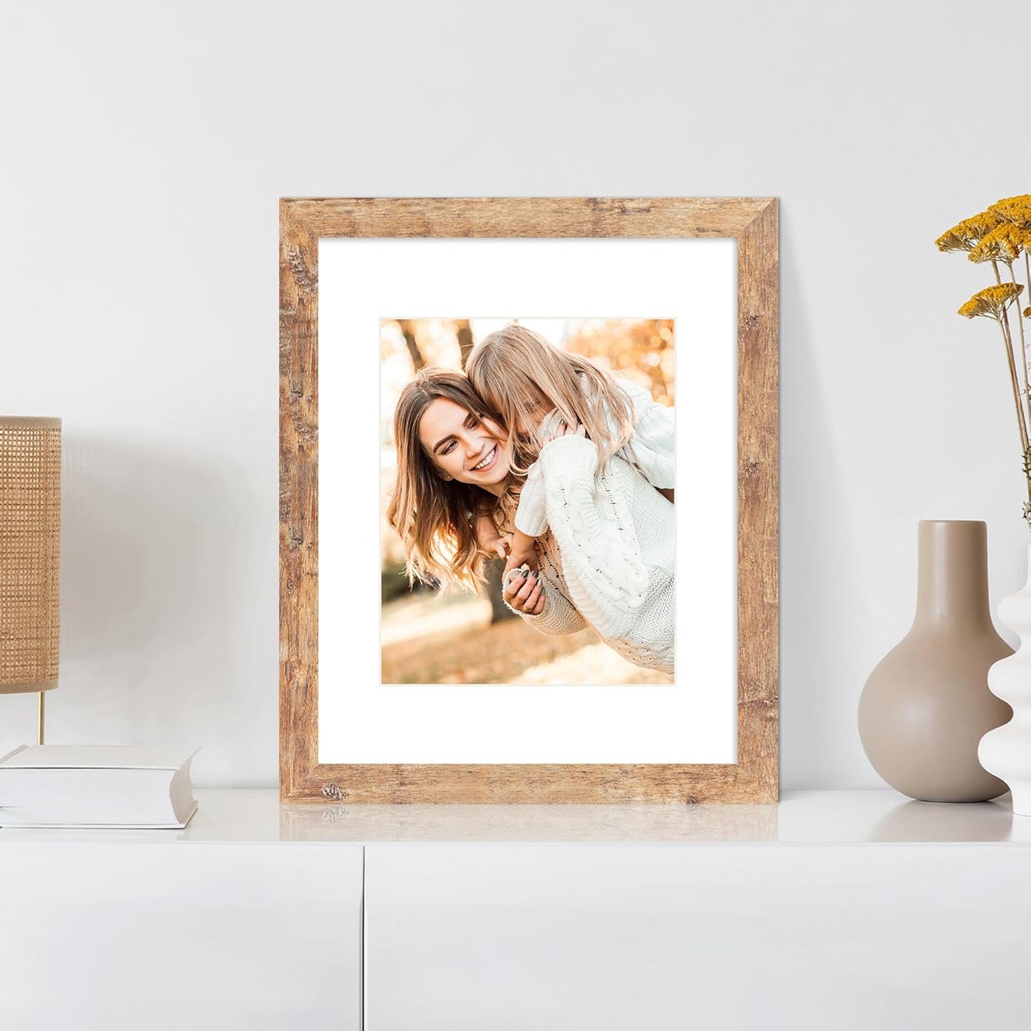 11x14 Picture Frame Set of 4 with Tempered Glass, Rustic Brown Frame Display 8x10 Pictures with Mat or 11 x 14 Without Mat, Wooden Photo Frames for Wall Mounting