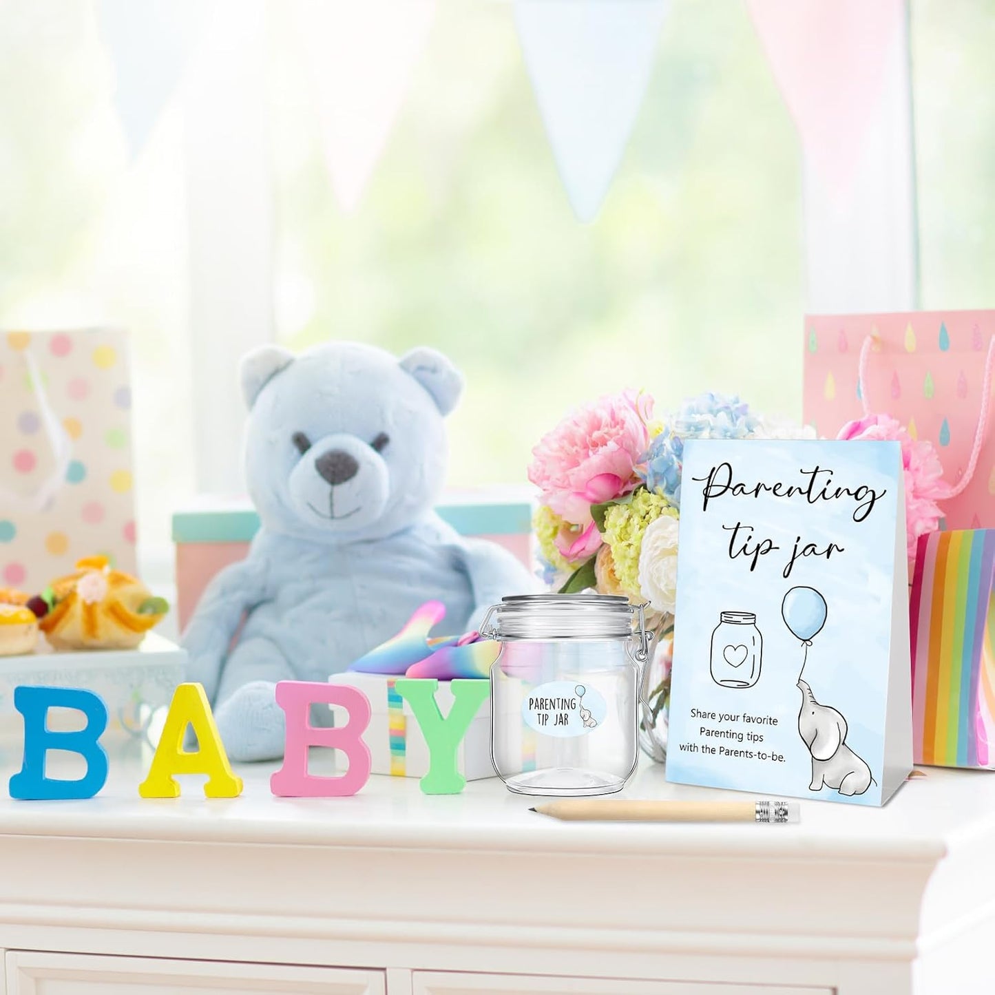 Roowest Baby Shower to Baby Advice Cards for New Parents to Be - Tip Jar Sign for New Parents 60 Parenting Advice Cards 10 HB Pencils 2 Cute Stickers 1 Pet Bottle for Guests Games(Blue Elephant)
