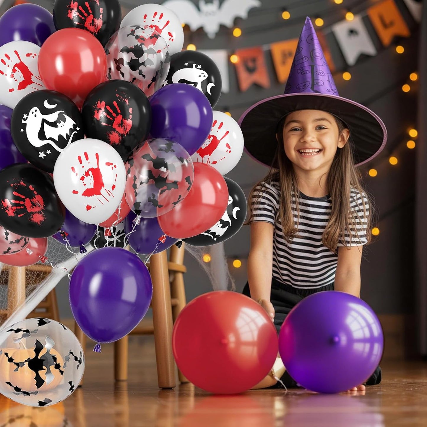 Paready Halloween Balloons, 50pcs Black Purple Red Balloons, Black White Bloody Handprint Balloon Bat Printed Balloon For Scary Halloween Masquerade Spooky Vampire Haunted Themed Birthday Party Decor