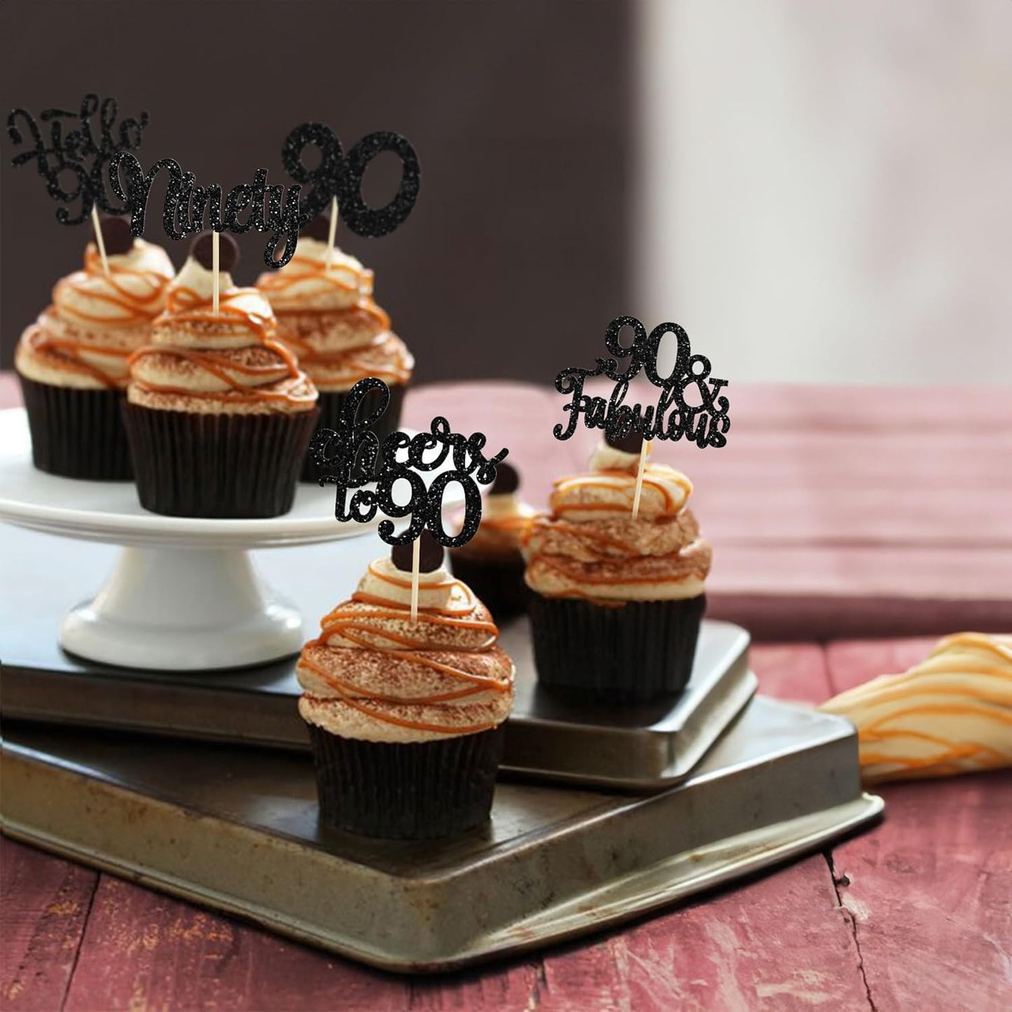 Gyufise 30Pcs Happy 90th Birthday Cupcake Toppers Black Glitter Ninety Cheers to 90 Years Old Birthday Cupcake Picks for Happy 90th Birthday Anniversary Party Cake Decorations