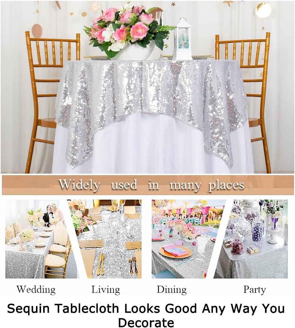 ShinyBeauty Silver Tablecloths 36X36 Inch 2 Pieces Sequin Table Cloth for Party Sparkle Table Cloths Square Small Grey Shimmer TableclothOverlay for Wedding Birthday Cake Tables
