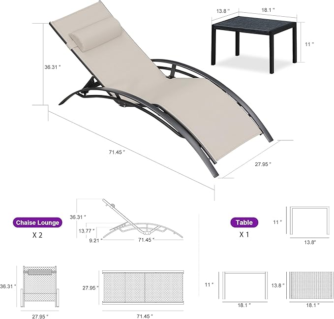 PURPLE LEAF Patio Oversized Chaise Lounge Chair Set - Image 8