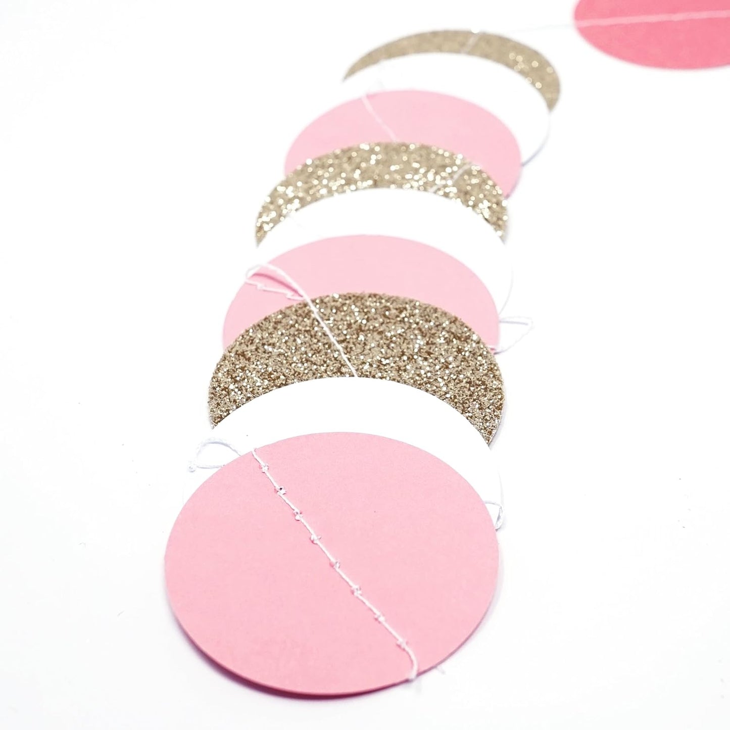 Chloe Elizabeth Circle Dots Paper Party Garland Streamer Backdrop (10-Pack, 10 Feet Per Garland, 100 Feet Total) - Pink, White, Gold Glitter