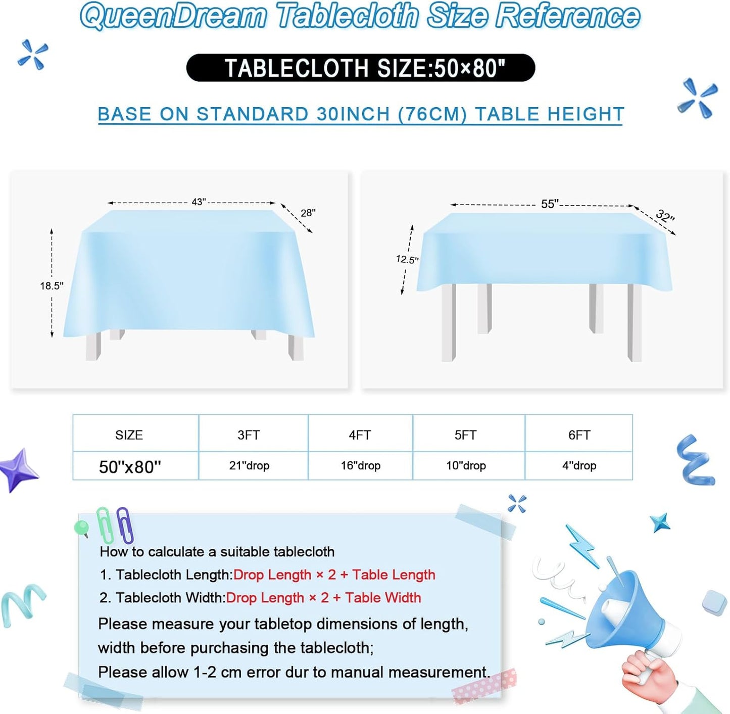 QueenDream Sparkly Sequin Tablecloth - Baby Blue Table Cloth 50x80 Inches Rectangle Table Overlay Fabric for Birthday Parties Baby Shower Decoration