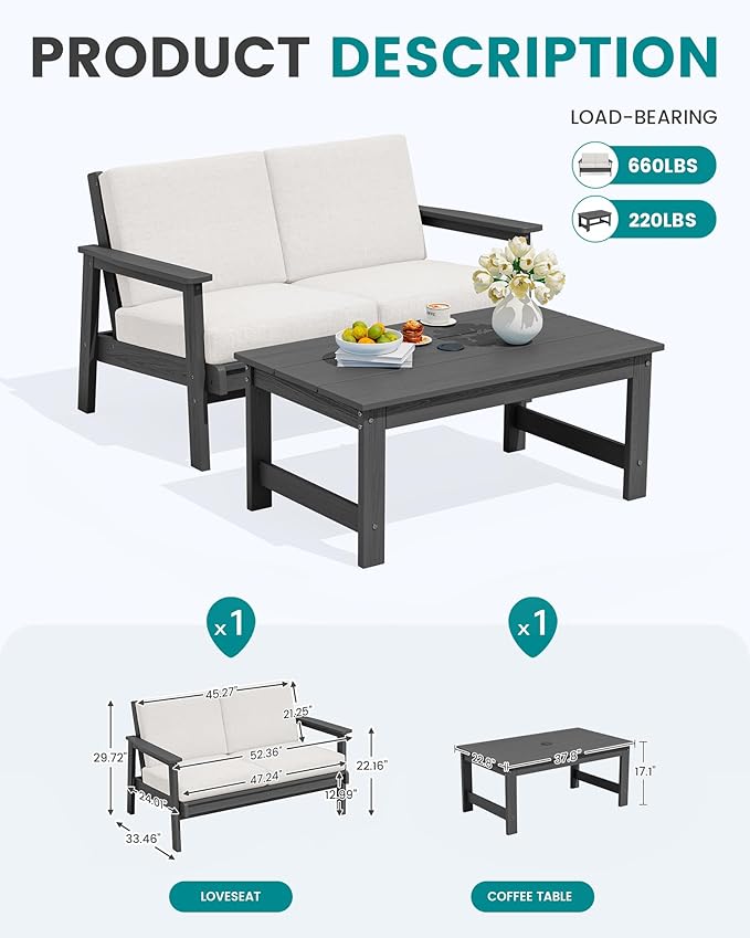 SERWALL Outdoor Loveseat, All-Weather HDPE Outdoor Furniture Set - Image 8