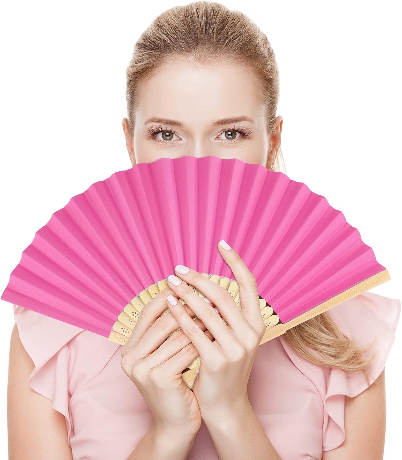 FEPITO 48 Pieces Handheld Paper Fan Paper Folding Fans with Bamboos for Wedding Gift, Party, Home, Multicolor
