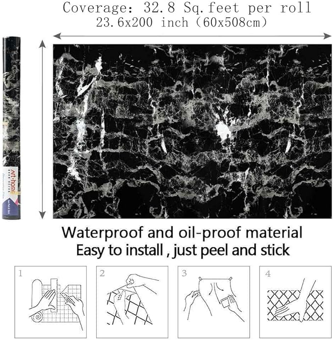 Arthome Black Marble Contact Paper, Peel and Stick Black Silver Paper, Self - Image 7