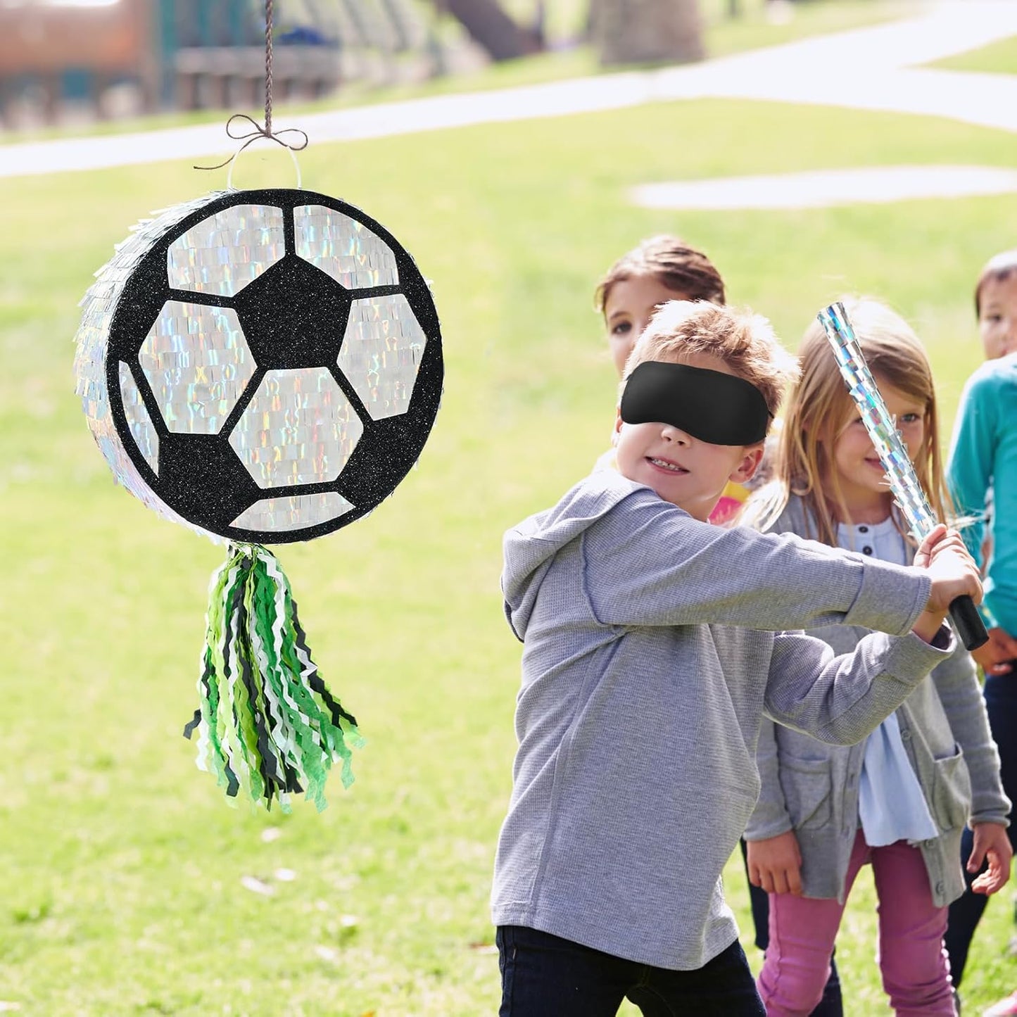 WERNNSAI Soccer Ball Piñata-Soccer Party decoration Piñata with Blindfold Bat for Kids Sports Themed Birthday Party Supplies Mirror Roller Skating Pull String