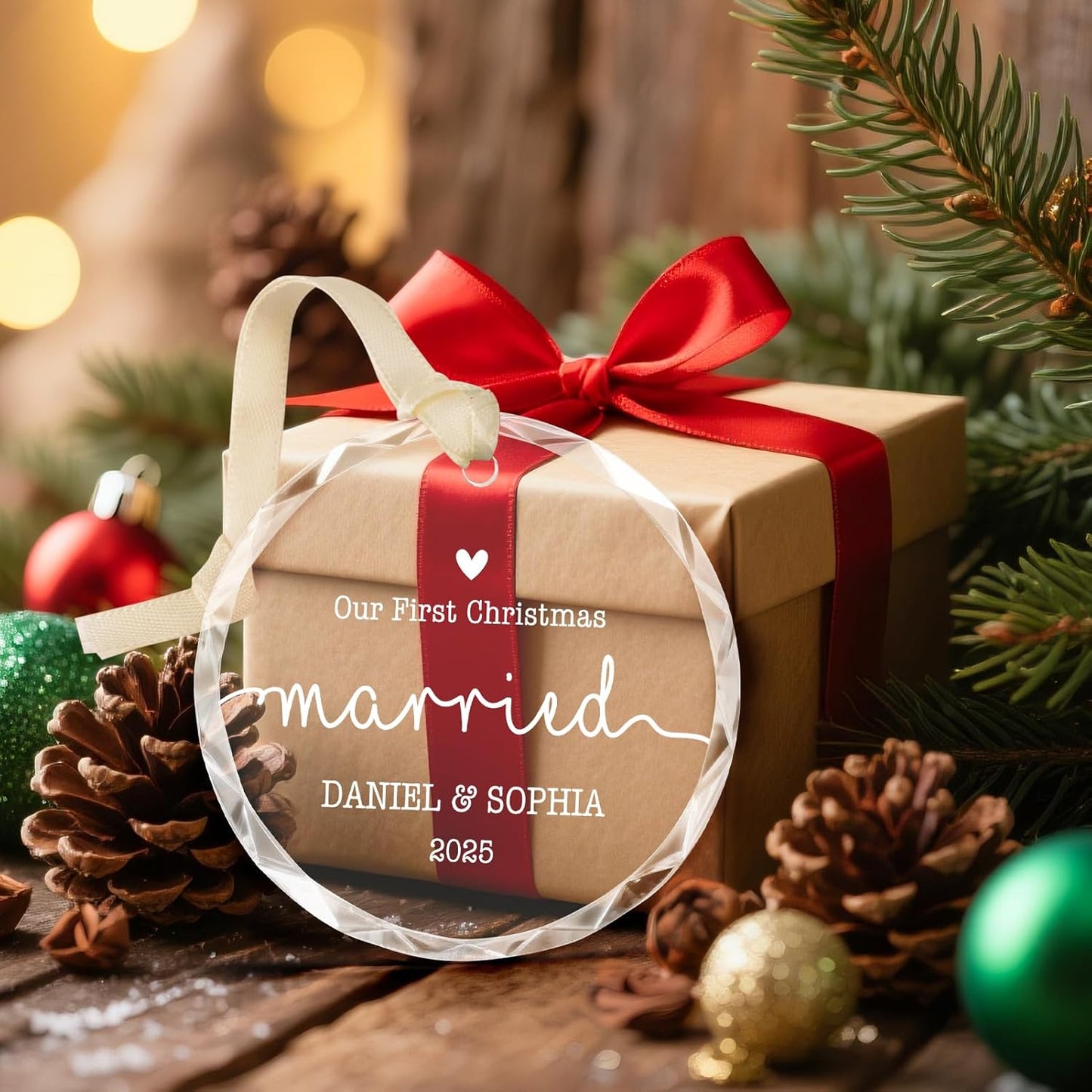 Personalized Wedding Gifts for Couples 2025, Bridal Shower Ideas for Her, Newlywed, Custom First Christmas Married Ornament, Customized Hanging Christmas Tree Ornament 2025