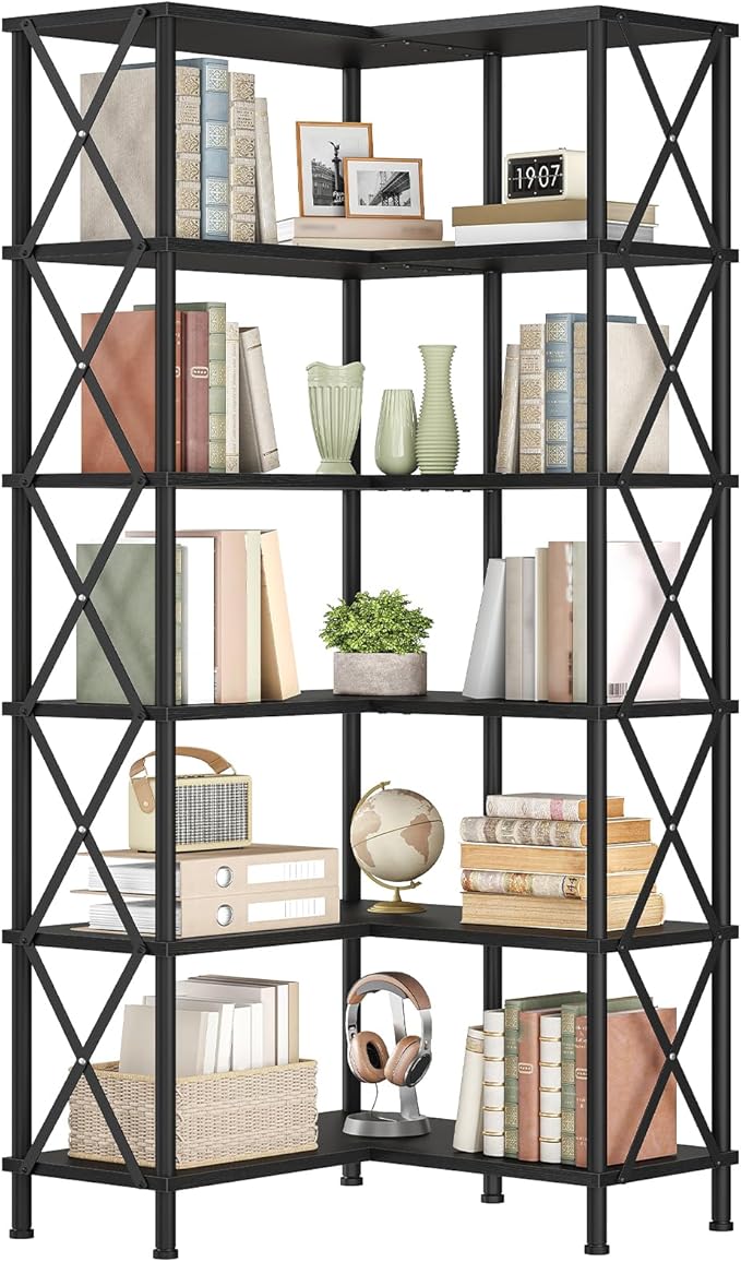 HOOBRO Corner Bookshelf, 6-Tier L-Shaped Bookcase, Industrial Open Display - Image 8