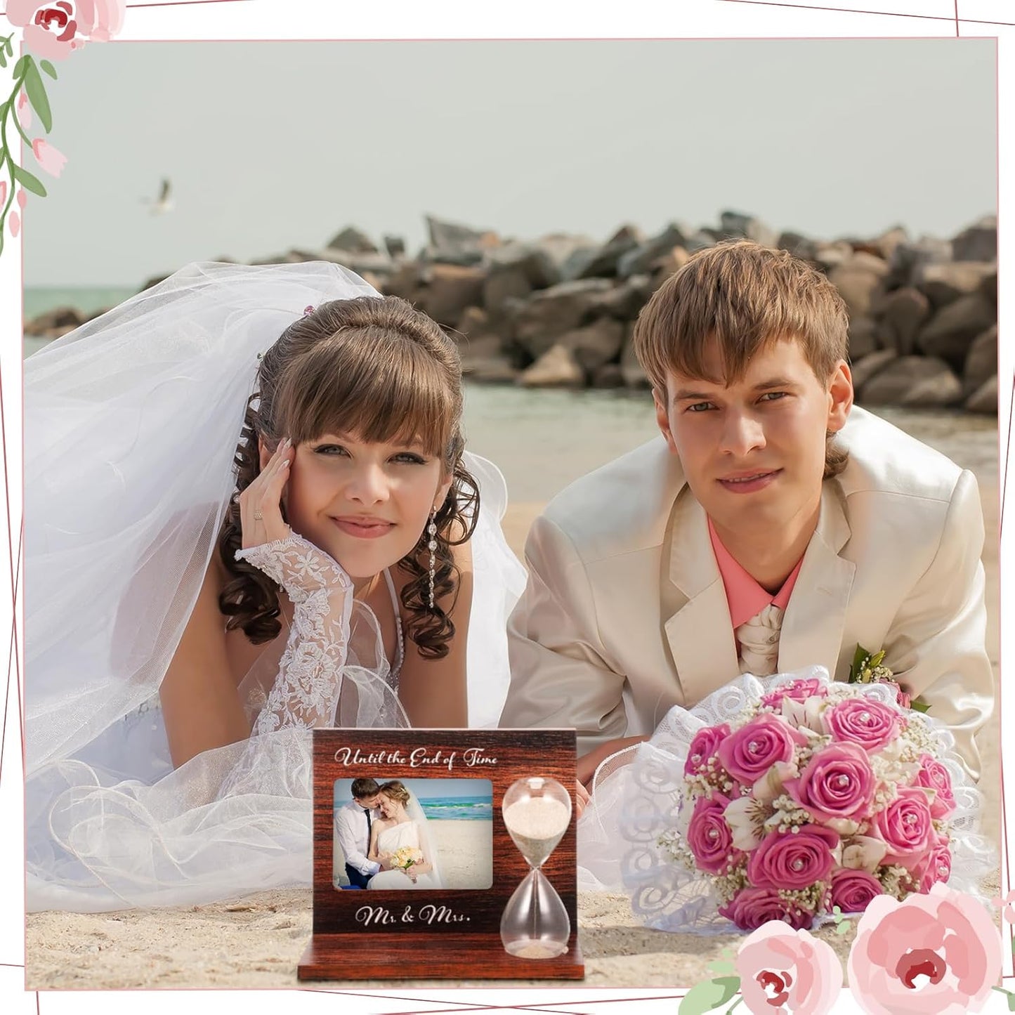 Blosssound Wedding Sand Ceremony Set Wooden Photo Frame, Hourglass Funnel, Sand, Glass Bottles, Mr and Mrs Until The End of Time Unity Kit for Weddings Ceremony Party Supplies(Walnut)