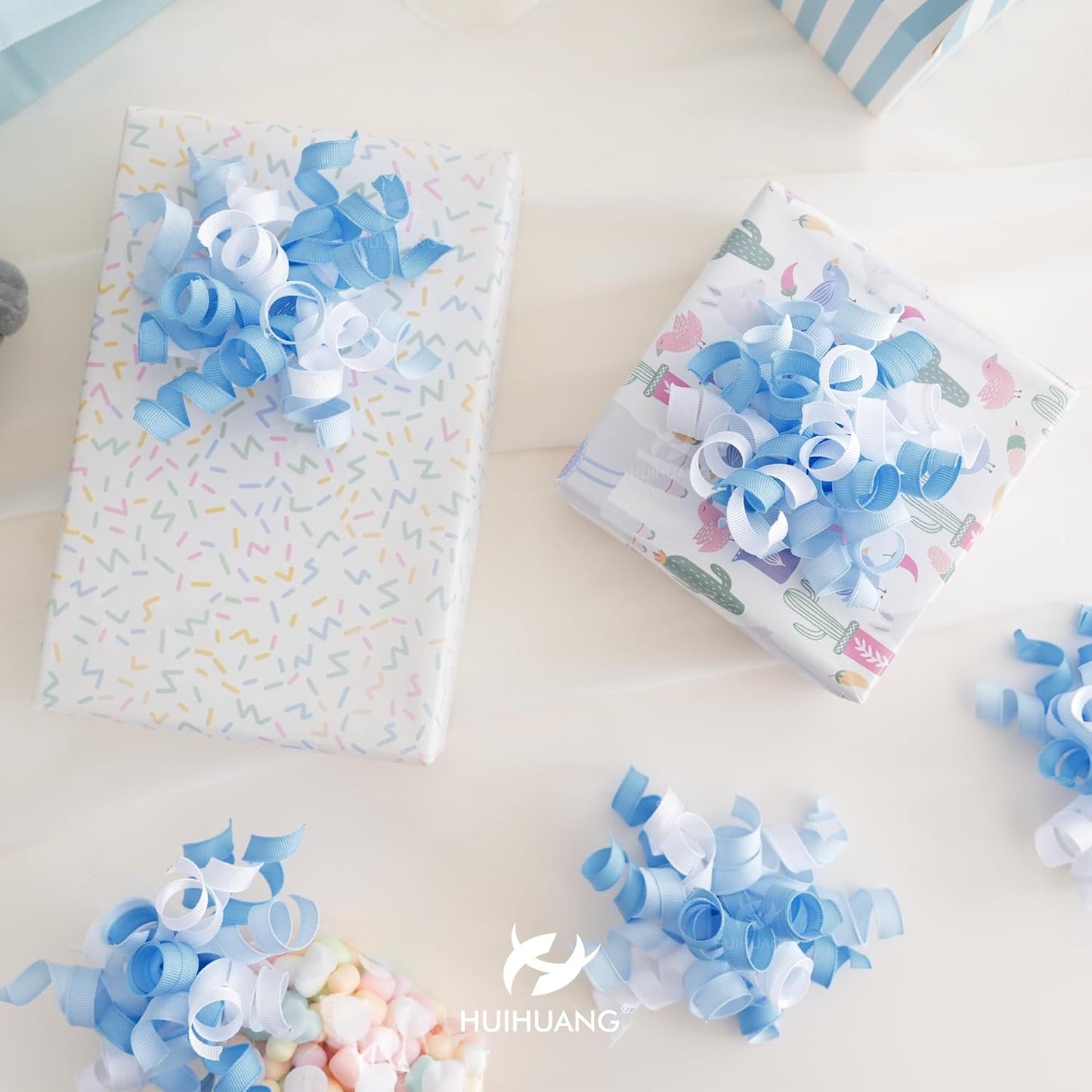 HUIHUANG Baby Boy Shower Gift Bows Blue and White Curly Ribbon Bows Self Adhesive Burst Gift Bow for Baby Birthday, Baby Shower Party Favors, Wine Bottle, Treat Bags, Gift Wrapping- 6 Counts