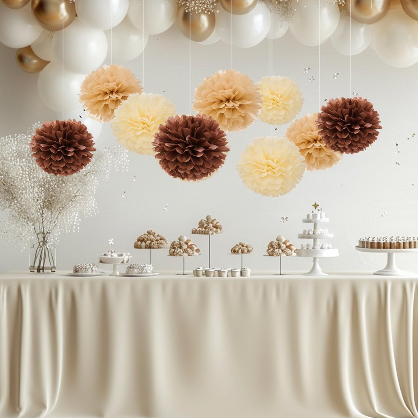 WEVEN Tissue Pom Poms Tissue Paper Flowers Tissue Fluff Balls Party Decorations 12-Inch Pack of 12 (Brown, Khaki, Ivory)